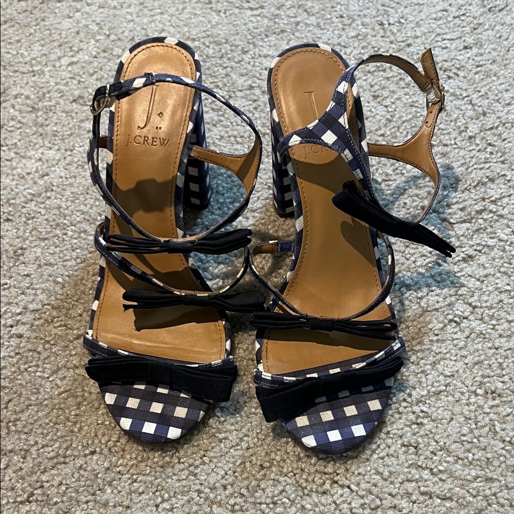J.Crew navy and white bow gingham sandals. Super cute!